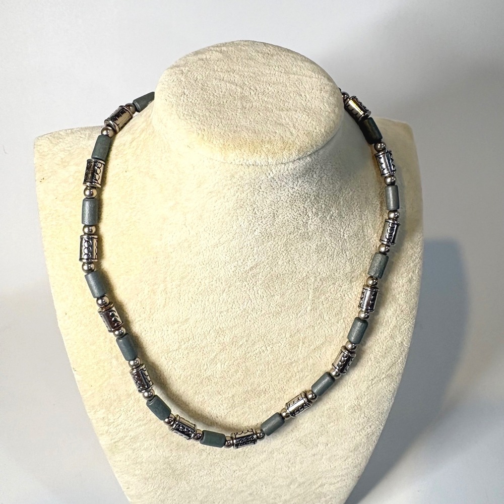 Emma Sky Silver Tone Grey Beaded Scroll Spacer Necklace Vintage Style 18 Inch